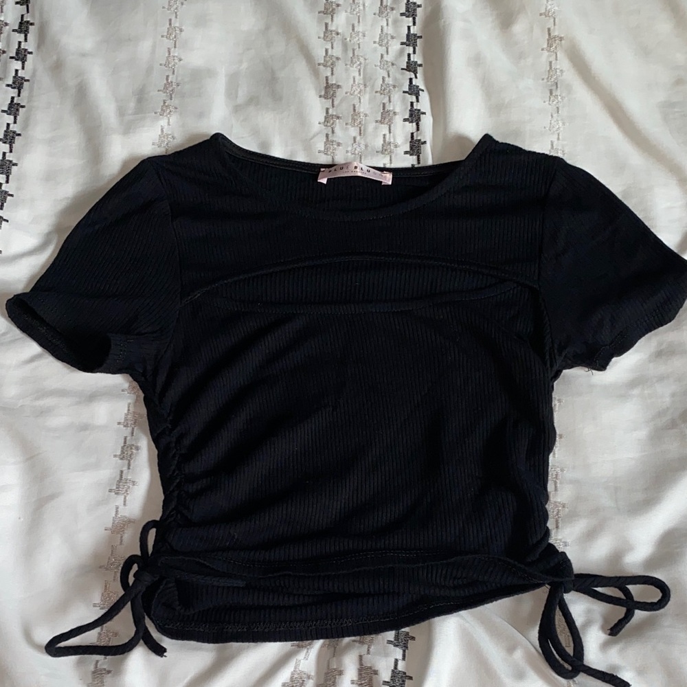 Blue Blush Black Short Sleeve Ribbed Top
